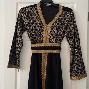 Black and Gold Floral Embroidered Long Sleeve Dress